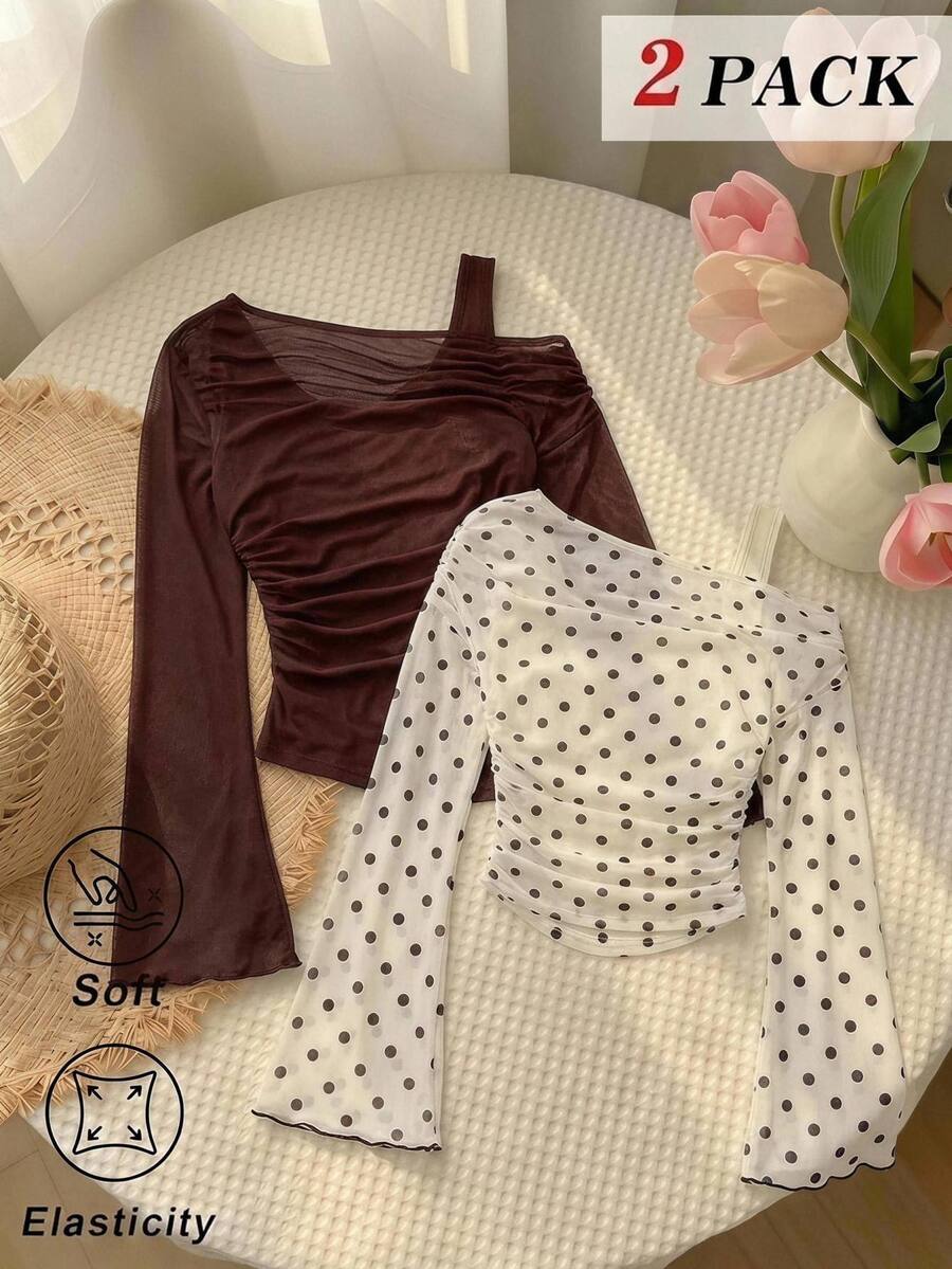 SHEIN MOD Women's 2pcs Solid Color & Polka Dot Asymmetrical Shoulder T-Shirts - Brown - View 1