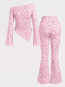 Tween Girls T-Shirt Set, Casual Minimalist Leopard Print, Suitable For All Seasons - White - View 2