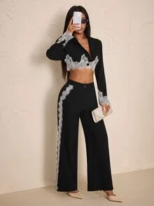 SHEIN PETITE طقم بدلة عمل أنيقة للنساء الصغيرات تتميز بألواح دانتيل باللونين الأسود والأبيض. - أبيض وأسود - مشاهدة 6