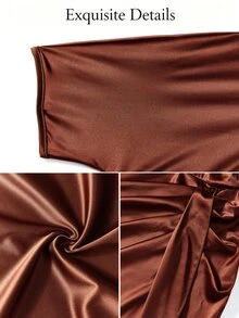 SOLERSUN Tall Women's All-Season Elegant Brown Satin Asymmetrical Shoulder Ruched Bodycon Midi Dress For Party, Gathering And Commute - Brown - View 8