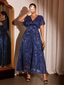 Rometta Plus Size Chiffon Floral Cutout Fabric Shirred One-Piece Sleeve Back Gathered Waist A-Line Long Dress Elegant For Outing Dating Gathering Party - Navy Blue - View 6