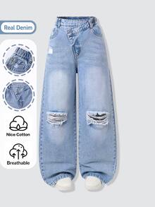 SHEIN Genkimix Kids 青少年女孩破洞寬腿牛仔褲 不對稱腰頭 牛仔長褲 高街時尚 Y2K 風格 - 淺色水洗藍 - 查看 4