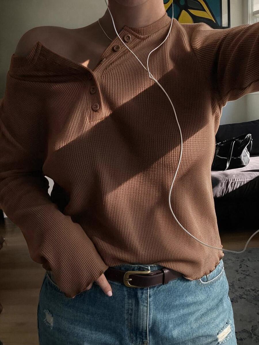Livesso Solid Color Casual Traditional Half-Button Front Long Sleeve Brown T-Shirt, Blogger Style, Spring/Autumn New Arrival Formal Home Wear Vacation - Brown - View 1