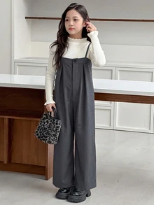 Dazy Kids 青少年女孩細肩帶鈕扣抓皺純色連身褲 - 深灰色 - 查看 4