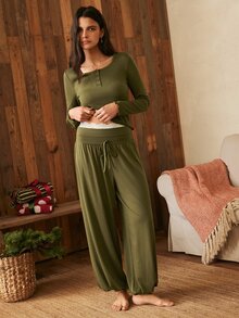 Lullawish Bohemian Modest Casual Vacation Home Wear Women's Comfortable Knit Long Sleeve Pajama Lantern Pants Set Sleep Lounge Olive Green Fall - Army Green - View 4