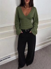 SHEIN Tall 女款休閒百搭純色喇叭袖上衣 - 軍綠色 - 查看 6
