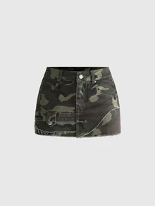 ROMWE Street Life Y2K Hot Girl Asymmetrical Deconstructed Raw Edge Sexy Women's Denim Skirt - Army Green - View 4