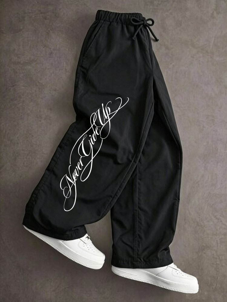 SHEIN Teen Boys Solid Color Letter Graphic Elastic Waist Drawstring Design Fashion Pants - Black - View 1