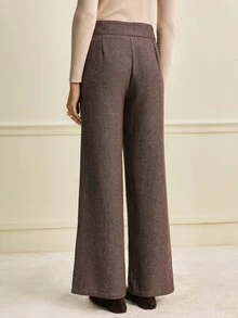 Trelyra Asymmetrical Low Waist Loose Slimming Straight Leg Design Herringbone Pattern Metal 3-Button Accent Versatile Casual Floor Length Wide Leg Pants Fashionable Elegant Regular Long Pants - Brown - View 2