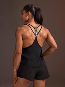 Powerista Women's Sports Tank Top Halter Neck Back Letter Print Pattern Suitable For Sports, Workout, Jogging Fitness, Workouts, Outdoor Leisure, Running Gym - Black - View 3