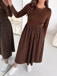 Shapeblank 女款大尺碼棕色波點拼接長袖洋裝，時尚休閒、彈性舒適，適合秋冬穿搭，口袋洋裝 - 棕色 - 查看 6