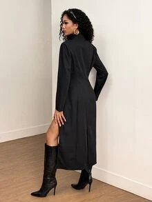 BamGleam Women's Vintage Military Stand Collar Double-Breasted Metal Button Waist-Nipped Black Peplum Long Coat - Black - View 3
