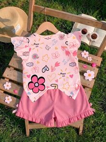 Young Girl 1 Pc Floral Heart Print Ruffle Sleeve Tee, Pink, Summer - Pink - View 2