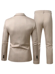 Manfinity Mode Men's Pocket Button Long Sleeve Jacket And Striped Long Pants Suit Set - Khaki - View 2