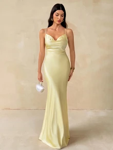 SHEIN Tall Đầm nữ hở lưng cổ đổ đuôi cá mặc đi tiệc - Màu vàng - Xem 6