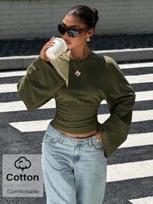 Muchica 女款休閒舒適軍綠色長袖T恤，蝙蝠袖圓領設計（秋冬款） - 軍綠色 - 查看 1