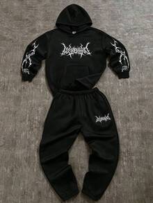 SHEIN 兒童 2 件組青少年男孩新款 Y2K 哥德風深色英文字母運動風連帽衛衣與運動長褲套裝，適合秋冬、返校、舒適、家庭聚會、生日派對、攝影、度假、假日、運動 - 黑色 - 查看 1