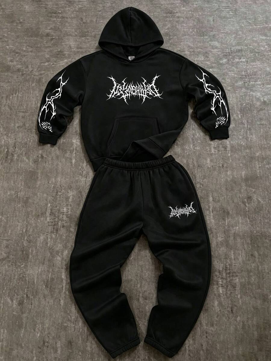 SHEIN 兒童 2 件組青少年男孩新款 Y2K 哥德風深色英文字母運動風連帽衛衣與運動長褲套裝,適合秋冬、返校、舒適、家庭聚會、生日派對、攝影、度假、假日、運動 - 黑色 - 查看 1