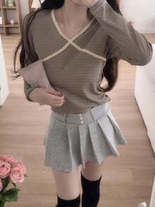 DAZY Women's V-Neck Striped Long Sleeve T-Shirt Fall - Coffee Brown - View 6