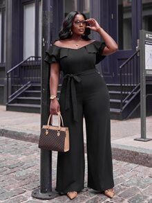 Slaydiva Plus Size Off Shoulder Ruffle Jumpsuit, High Waist Wide Leg Long Pants With Belt, Curvy Formal Party Outfit - Black - View 11