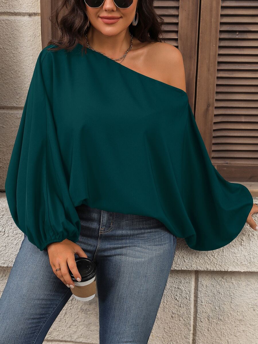 Juhart Plus Size Women's Solid Color Asymmetrical Collar Batwing Sleeve Loose Blouse One Shoulder Top - Dark Green - View 1