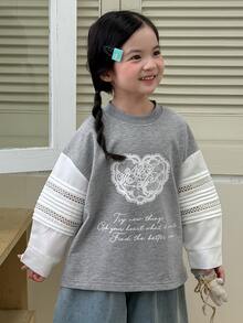 Dazy Kids 少女甜美字母印花蕾絲拼接運動衫 - 淺灰色 - 查看 3