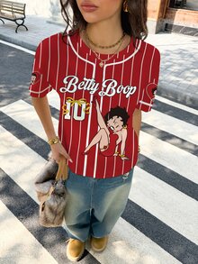 Betty Boop x SHEIN 女款字母條紋圓領短袖休閒T恤 秋季女裝運動衫 - 白色 - 查看 8
