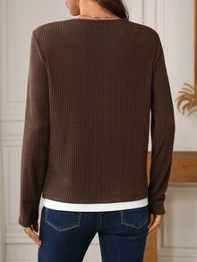 EMERY ROSE Women's 2 In 1 Long Sleeve Casual Ribbed T-Shirt - Coffee Brown - View 2