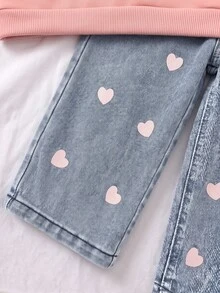Girls' Pink Heart Pattern Sweatshirt And Denim Jeans Casual Set - Pink - View 5