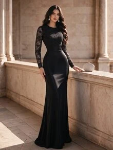 Coutiva 女款蕾絲拼接優雅收腰正式晚禮服洋裝 - 黑色 - 查看 1