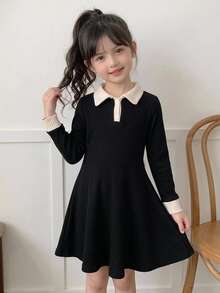 Dazy Kids 女童雙色針織領洋裝，休閒時尚創意個性清新可愛 - 黑色 - 查看 4