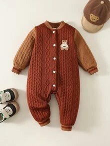 SHEIN 男女通用新生兒嬰兒/幼兒秋冬保暖內裡加厚拼色拼接時尚可愛連身衣，棒球套裝運動服，嬰兒冬季連身衣運動服 - 咖啡棕 - 查看 3