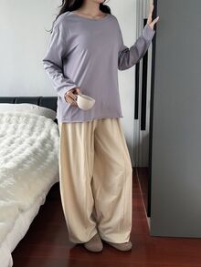 DAZY Women's Loungewear Set Comfortable Dual-Color Solid T-Shirt And Pants - Dusty Purple - View 8