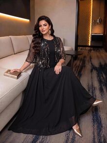 Auveirra Plus Size Women's 2pcs Set With Mesh Sequin Fringe Design Top And Pleated Design Skirt Formal Evening Party Black And Gold Black Social Set Christmas - Black - View 5