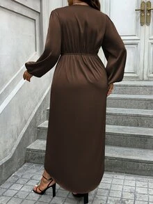 Roveilla 大尺碼純色V領交叉扭結長袖長洋裝女款秋季套裝 - 巧克力棕 - 查看 2