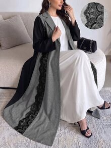 Al Najma 大尺碼寬鬆雙色素色布料拼接襯衫，刺繡側邊飾邊設計，休閒春秋日常穿著 - 彩色 - 查看 6