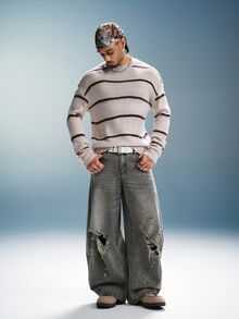 PAVTROS Men's Loose Striped Long Sleeve Casual Streetwear Sweater Vacation Fall - Multicolor - View 4