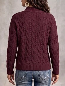 Wandoria Sweater Rajut Lengan Panjang Wanita Terbaru Musim Gugur, Model Satu Potong, Kerah Semi-Tinggi, Kancing Ruyi, Motif Tali Rami Klasik, Potongan Pas Badan, Serbaguna, Modis untuk Sehari-hari, Unik, dan Personal. - Burgundy - View 2