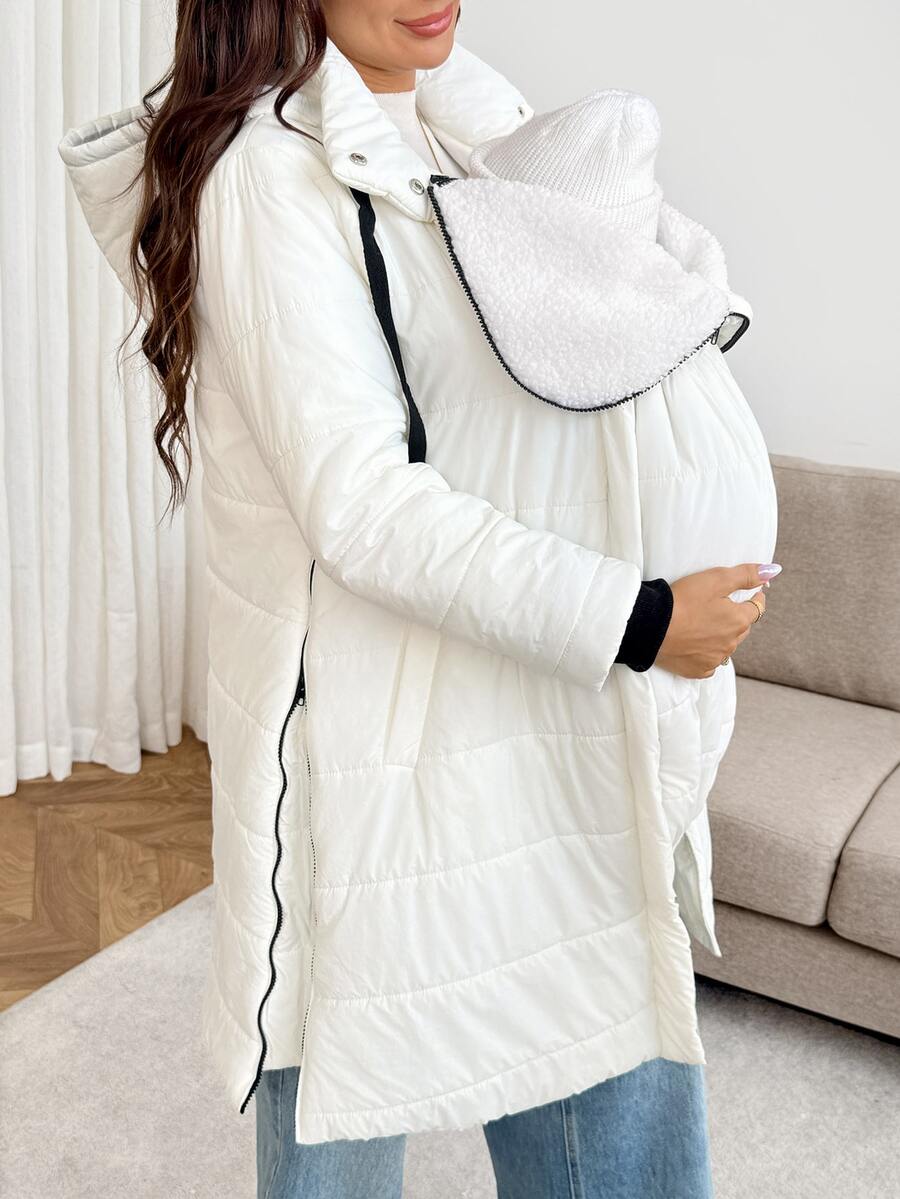SHEIN Maternity Long Sleeve Colorblock Button & Zipper Design Hooded 3-In-1 Jacket Fall - Black and White - View 1