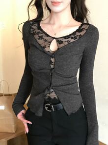 DAZY Women's Lace Patchwork Long Sleeve Fitted Pullover T-Shirt - Black - View 8
