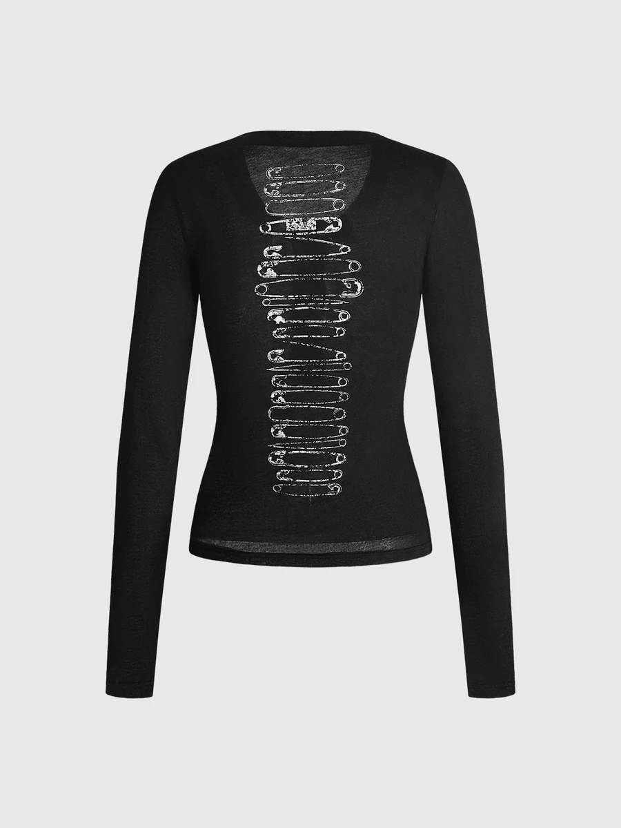 ROMWE Y2K Street Style Spicy Girl Casual Classic Distressed Slogan Cursive Print Semi-Sheer Textured Slim Fit Henley Collar Long Sleeve Rayon T-Shirt - Black - View 1