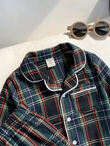 SHEIN 2件組嬰兒男孩/女孩秋冬款紅綠彩色格紋翻領長袖鈕扣上衣與鬆緊腰長褲套裝，適合聖誕節 - 彩色 - 查看 6