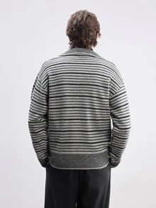RONVEXI 男士 Polo 領長袖套頭毛衣，休閒條紋針織秋冬服飾，灰黑條紋寬鬆通勤穿搭，慵懶對比色橫條紋套頭毛衣 - 彩色 - 查看 2