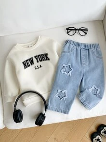 SHEIN 2件組 嬰兒男童/女童秋冬連帽衛衣與牛仔褲套裝 星星圖案水洗破洞牛仔兩件套 - 彩色 - 查看 4