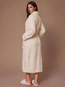 Lazeform Casual Soft Plush Textured Contrast Color Black & White Long Sleeve Open Front Lapel Belted Women's Loungewear Robe - Beige - View 2