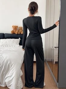 Napfluff Lace Patchwork Deep V-Neck Long Sleeve Loungewear Set, Minimalist Contrast Color Casual 2 Pieces Set - Black - View 2