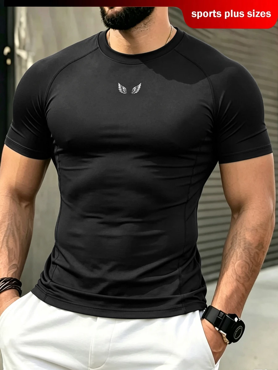 Men's Plus Size Wing Print Raglan Short Sleeve Sports T-Shirt - Black - View 1