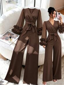 Modelyn Autumn/Winter Elegant Fashion V-Neck Cross Ruffle Long Sleeve Jumpsuit With Bow Waist Belt And Draped Wide Leg Pants For Women - Coffee Brown - View 4