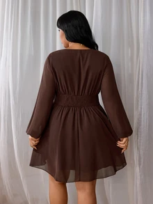 Rustia Plus Size Women's Casual Commute Daily Minimalist Woven Long Sleeve Autumn Dress Fall - Brown - View 2