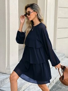 Serisse Women's Elegant Pleated Multi-Layer Ruched Long-Sleeved Dress For Autumn, Party Casual , Fall - Navy Blue - View 8